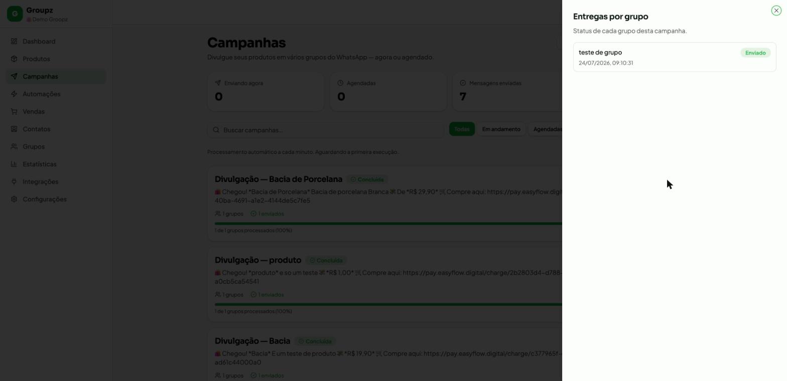 Painel lateral Entregas por grupo do Groupz mostrando o grupo teste de grupo com status Enviado e data/hora