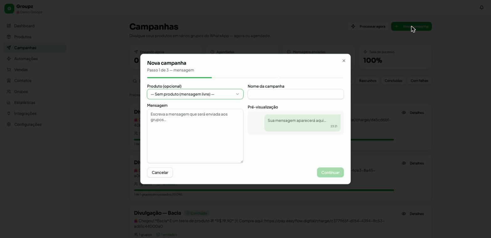 Modal Nova campanha, passo 1 de 3, com campos de produto, nome da campanha, mensagem e pré-visualização