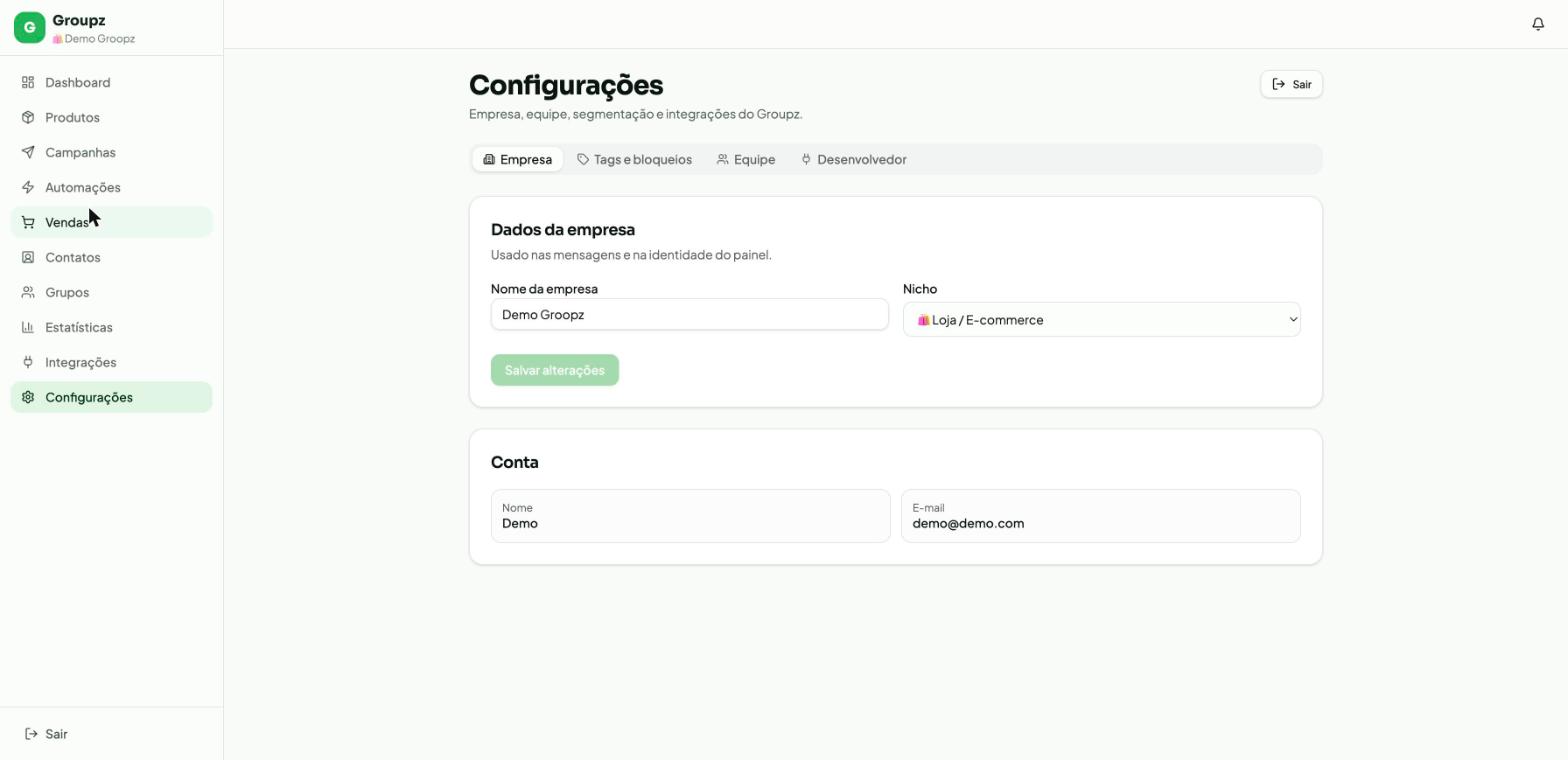Aba Empresa das Configurações do Groupz com campos Nome da empresa, Nicho, Nome da conta e E-mail