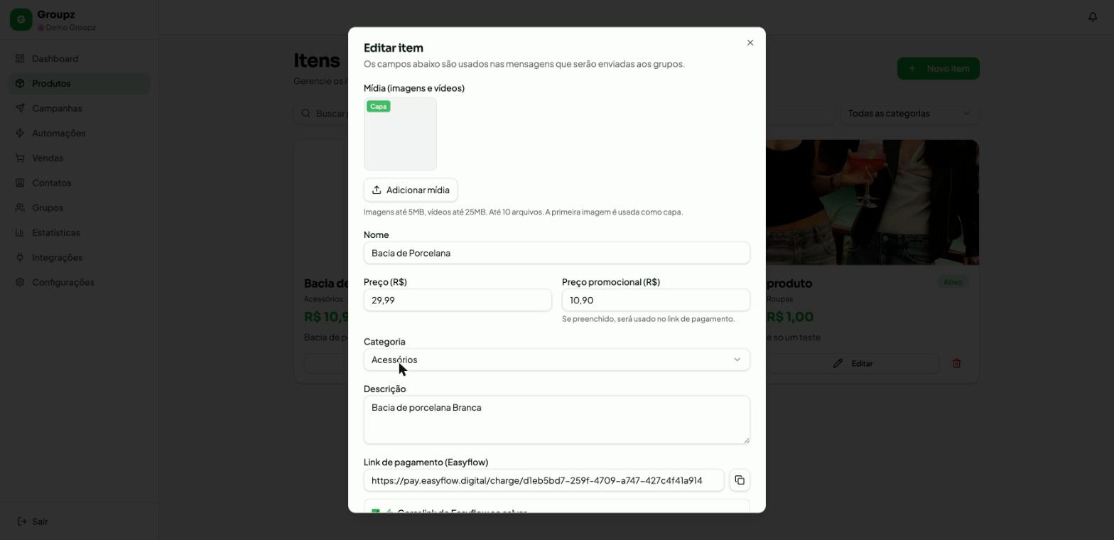 Modal Editar item do Groupz com os campos nome, preço, categoria, descrição e link de pagamento já preenchidos